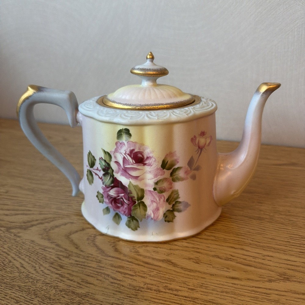 Burton & Burton Teapot with Pink Roses on Yellow. Matte Gold Accents and Finish